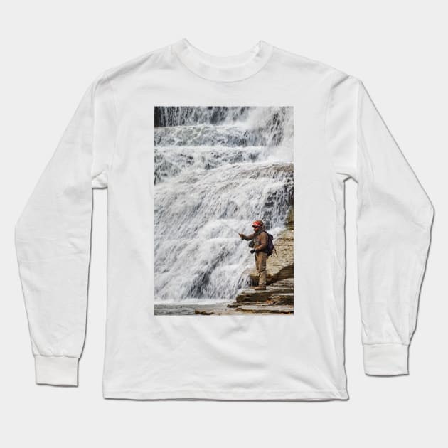 Fly Fishing at the Falls Long Sleeve T-Shirt by jforno